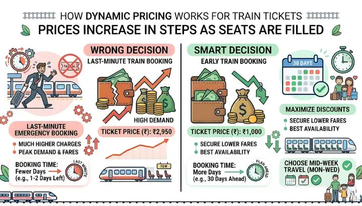 Comparison showing higher ticket price for last minute booking vs lower price for early booking in Duronto trains