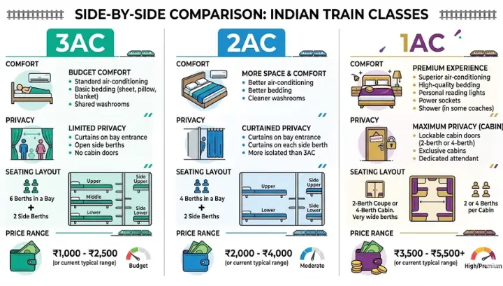 Comparison of Duronto train classes 3AC 2AC and 1AC with price range comfort and privacy differences