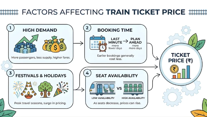 Infographic showing factors affecting Duronto ticket price including demand booking time season and seat availability