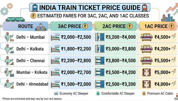 Table showing Duronto ticket prices for routes like Delhi to Mumbai and Delhi to Kolkata across different classes